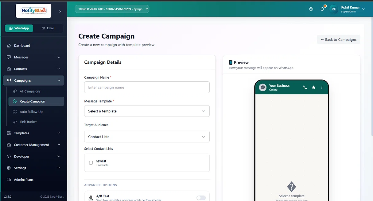 NotiyBlast - Create WhatsApp Campaign Dashboard